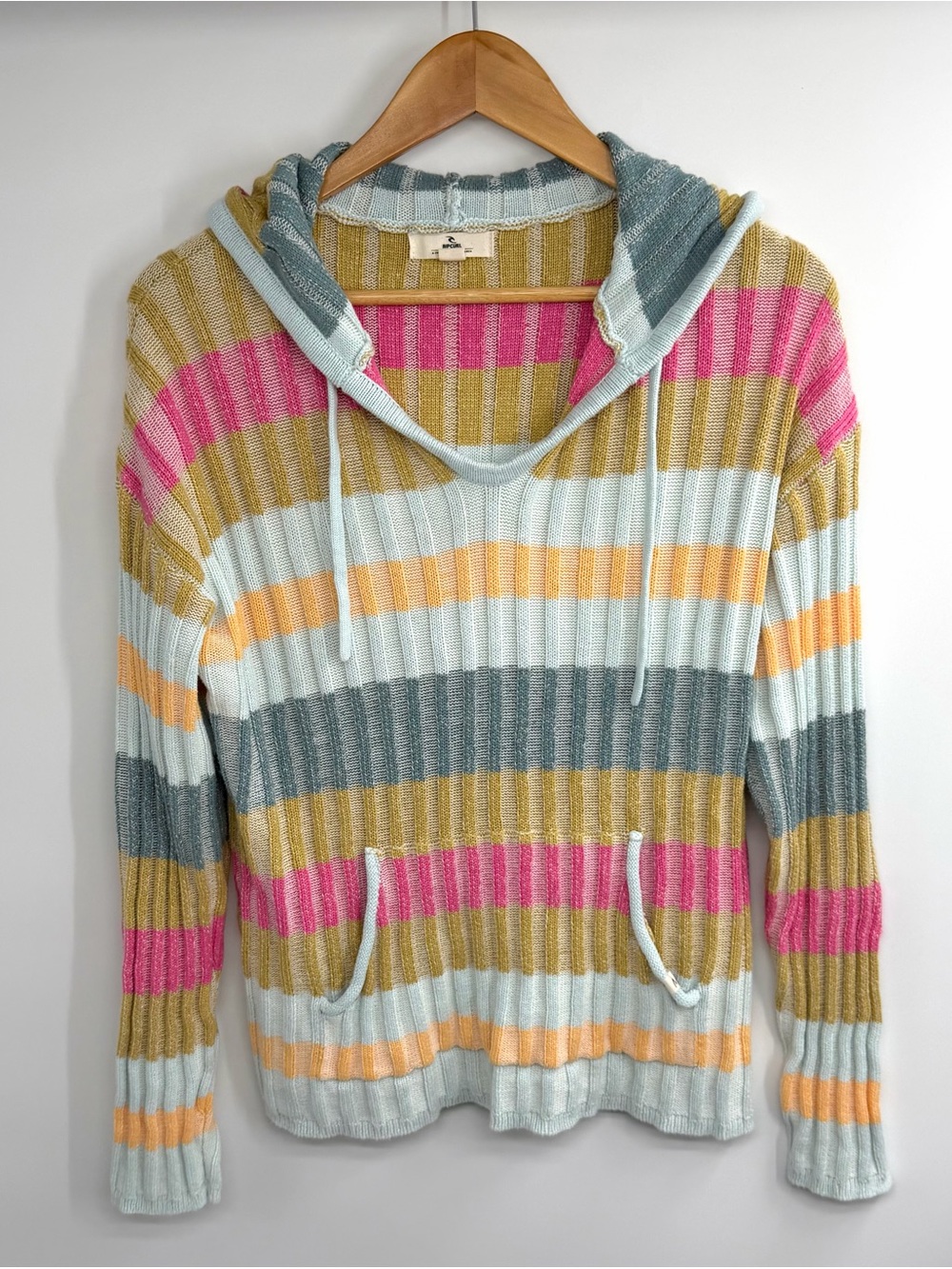 Rip Curl Striped V-Neck Hoodie Sweater in Blue, Pink, Yellow, Green and Gray